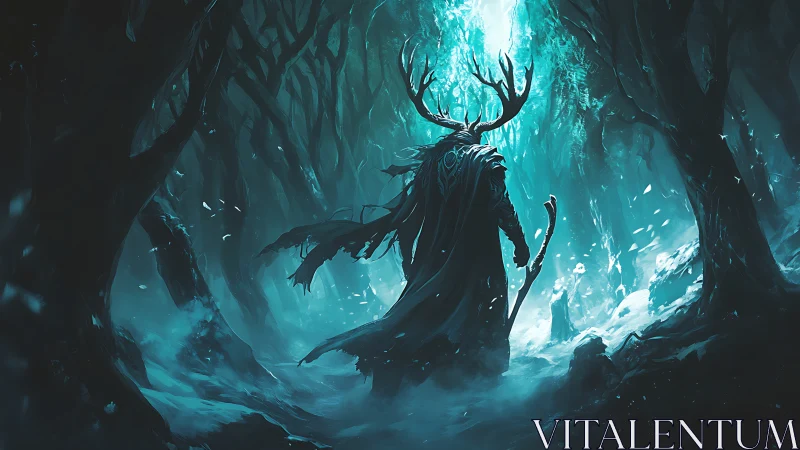 Antlered warden strides through a frozen emerald abyss.