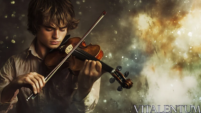 Young violinist immersed in performance amid cosmic bokeh.