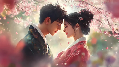 Two figures in traditional attire beneath blooming cherry trees
