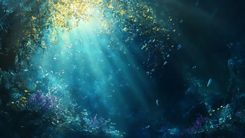 Digital painting of luminous underwater glade composition.
