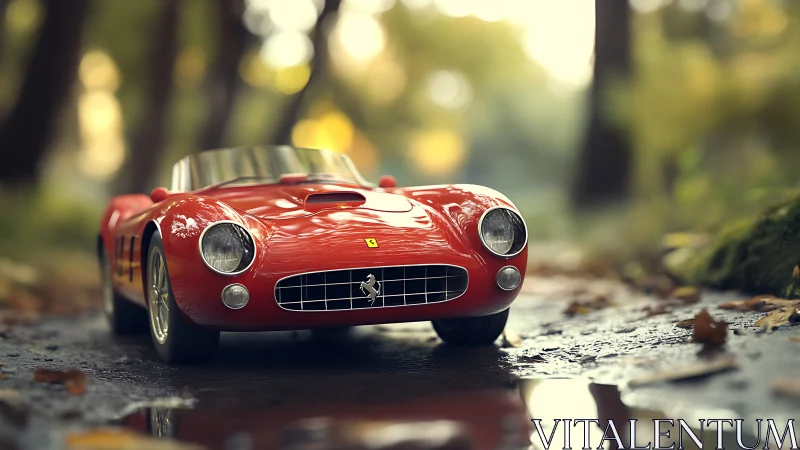 3D render of classic red sports car in shallow forest focus.
