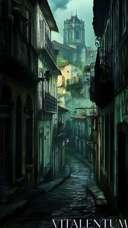 Narrow wet alley leads toward distant old stone bell tower