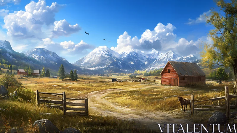 Rural valley landscape shows fenced pasture and distant peaks