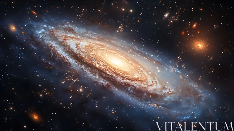 Spiral galaxy disk is rendered with bright core and star field