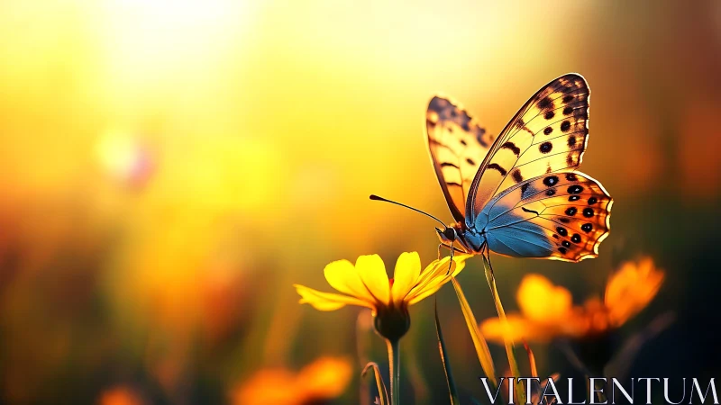 Butterfly rests on yellow flower in shallow depth of field