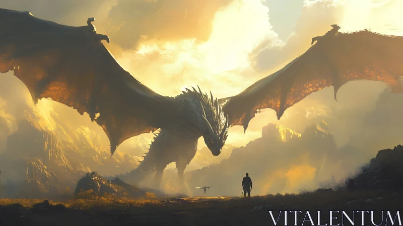 Colossal dragon confronts lone hero in blazing fantasy dawn