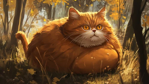 Fluffy Orange Cat in Autumn Forest Clearing