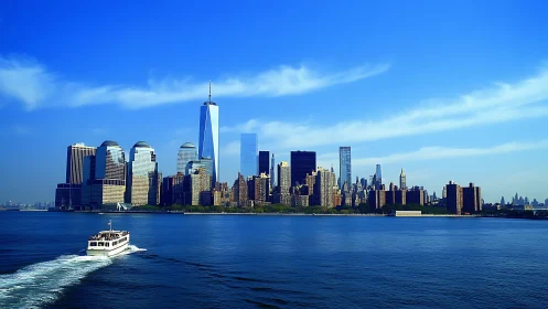 Skyscraper skyline over deep blue harbor at midday.