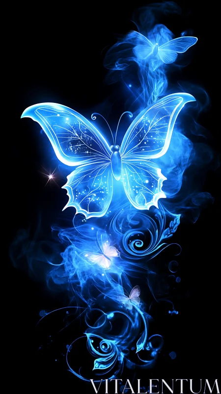 Luminous blue butterflies swirling through ethereal smoke.