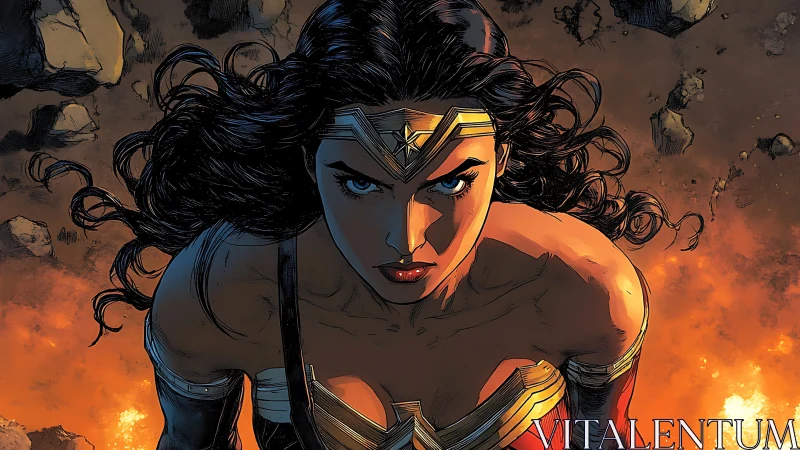 Dynamic comic-style heroine flying above fiery battleground.