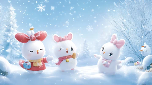 Snow-covered landscape with stylized rabbit characters in winter.