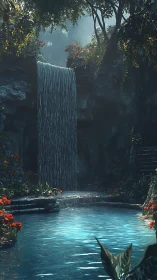 Hidden forest waterfall pool wrapped in soft morning light.