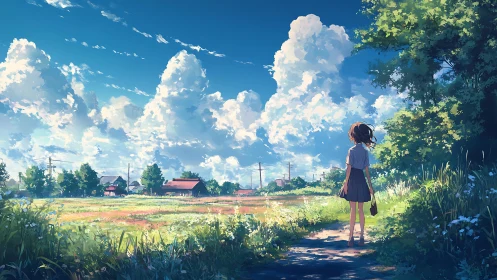 Rural summer path under cumulonimbus sky with solitary student.