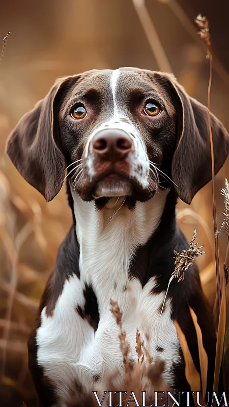 Portrait of brown and white dog in shallow depth of field field