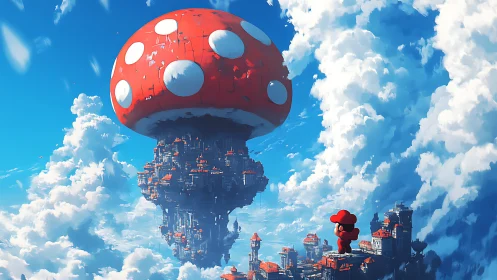 Giant floating mushroom city looms above a dreamy sky realm