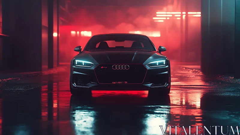 Sleek sports car glows in neon-lit wet urban alleyway