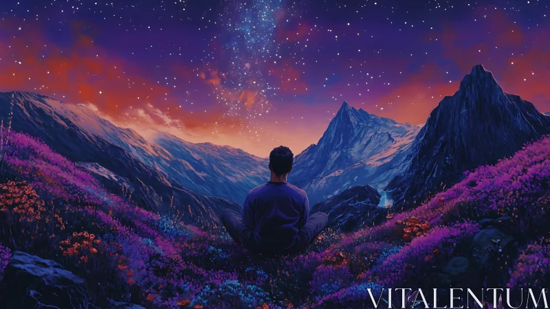 Man gazes at starry mountain sky in glowing neon dusk