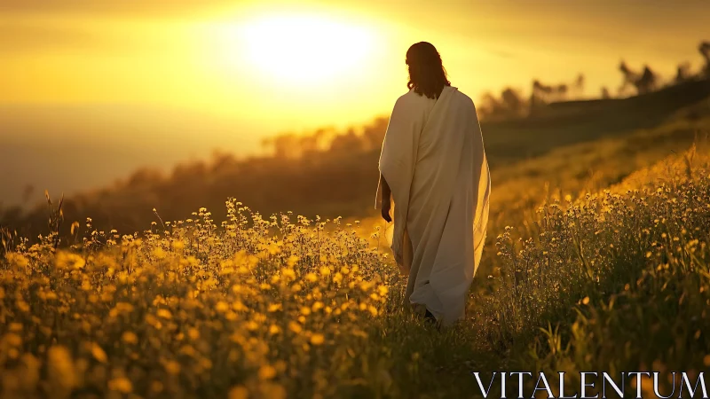 Gentle robed figure walking through a golden dusk field.