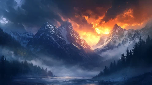 Volumetric sunset ignites alpine peaks above misted conifer valley