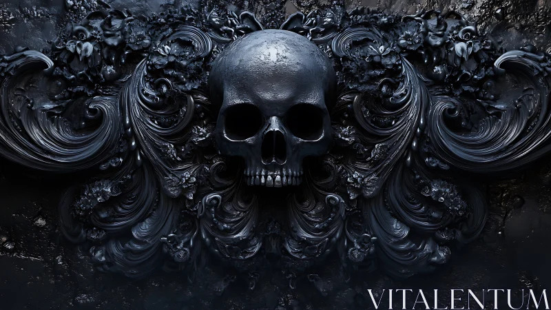 Obsidian skull emerges from baroque swirling darkness