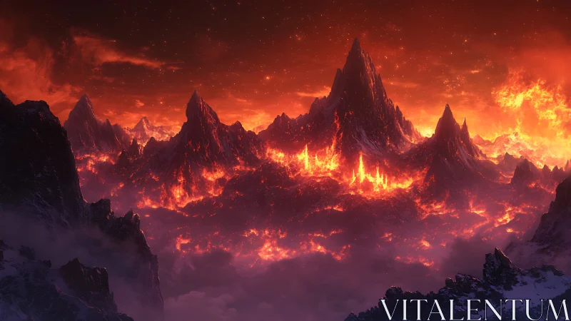 Volcanic Mountain Range with Lava Fields and Atmospheric Haze