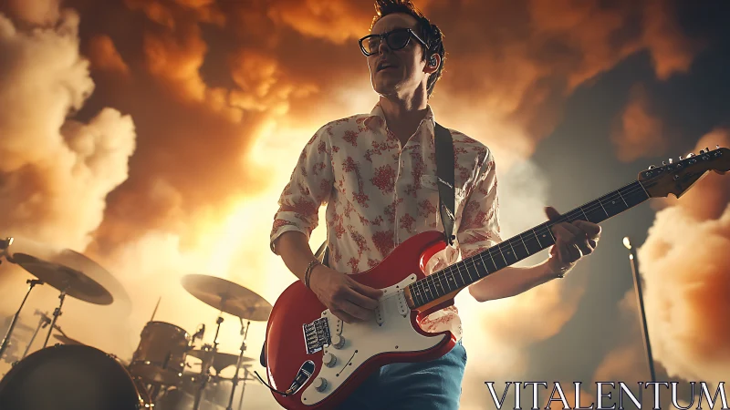 Indie guitarist under cinematic backlit storm clouds onstage.