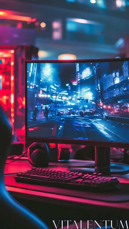 Nighttime gaming setup glows with neon city adventure