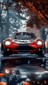 Low-angle render captures classic red race car in wet forest