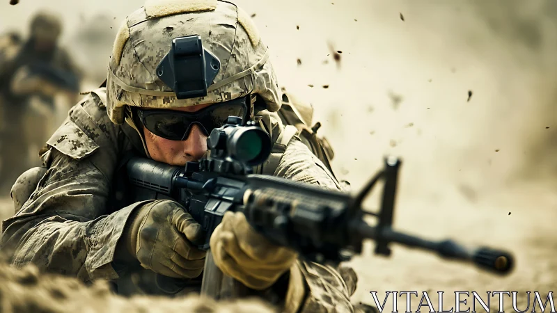 Modern infantry soldier with rifle in desert environment.