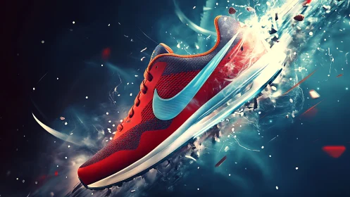 Red athletic sneaker rendered in dynamic motion burst