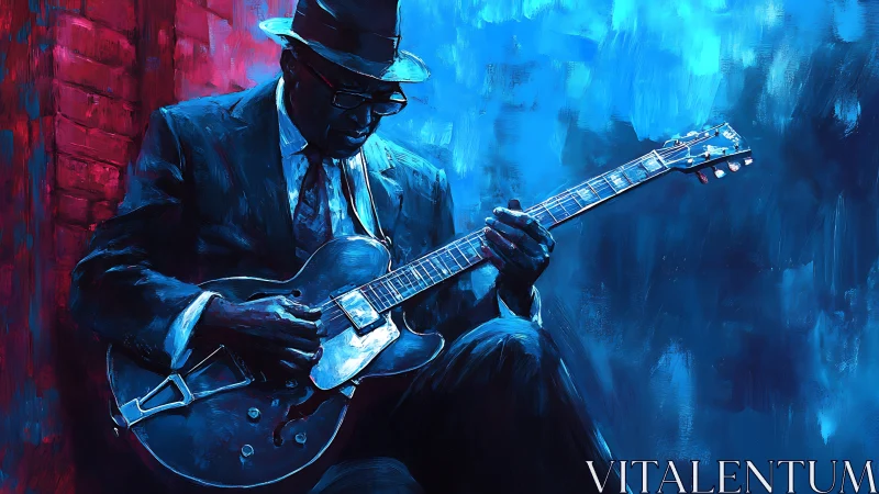Man in suit plays electric guitar against blue background