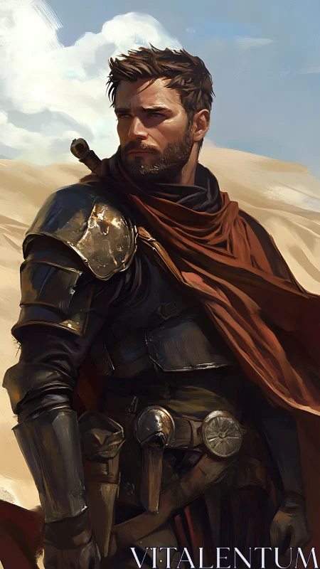 Desert knight in rust-red cloak scanning distant horizons.
