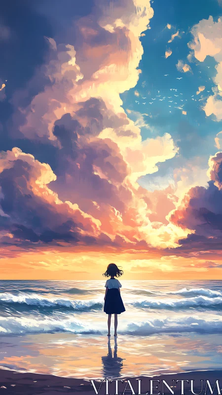 Solitary girl observing luminous ocean sunset cloudscape