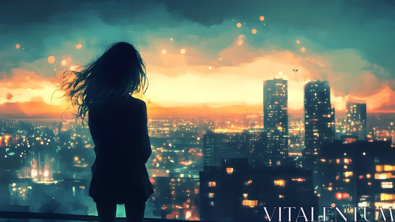 Silhouette watches neon city skyline under stormlit dusk