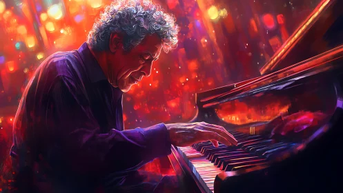 Elderly jazz pianist plays under saturated neon bokeh glow