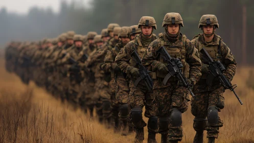 Soldiers marching in formation through misty training field.