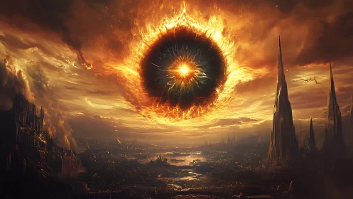 Fiery circular vortex above dark spired cityscape at dusk.