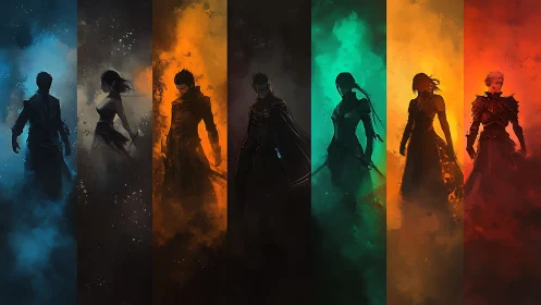 Seven silhouetted figures in vertical chromatic panels.