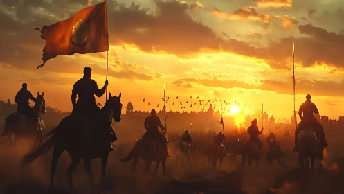 Sunlit riders carry a bold banner toward a distant walled city