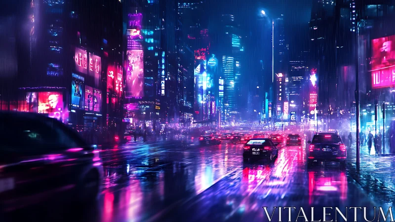 Neon city street glows through rain with dense night traffic