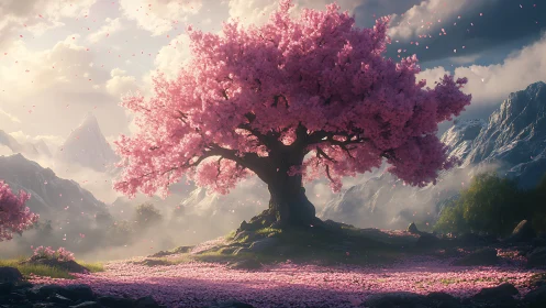 Majestic pink blossom tree in dramatic mountain valley.