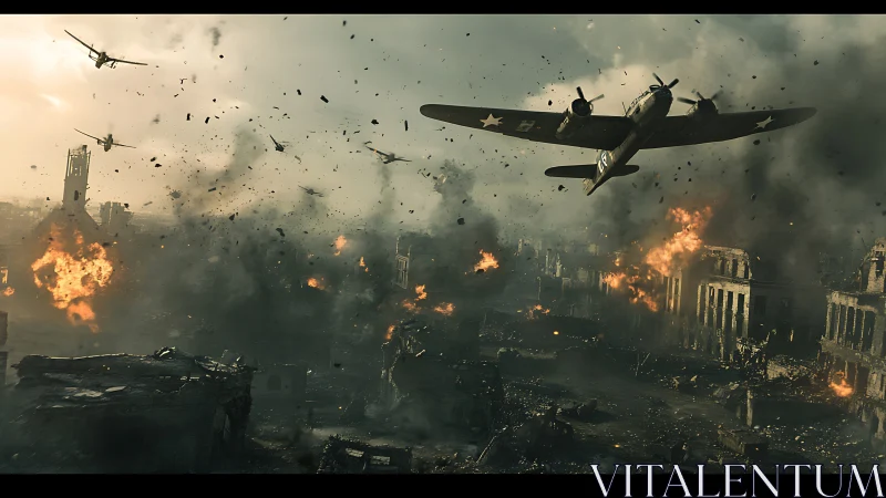 High-altitude bombers traverse fire-scarred urban battlefield under smoke