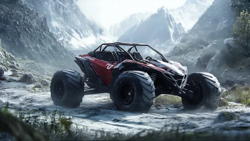 Photorealistic off-road buggy in glacial alpine landscape.