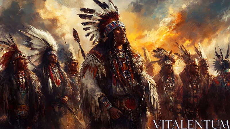 Proud Native warriors stand united beneath a burning sky