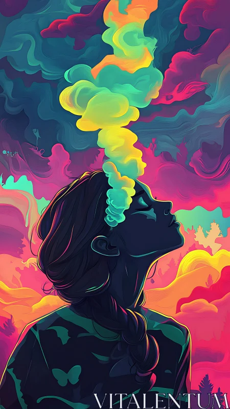 Dreamy portrait in swirling neon clouds of imagination.