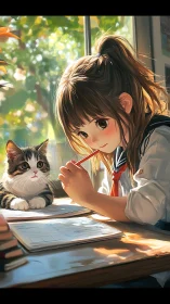 Anime schoolgirl studying with cat by sunlit window.
