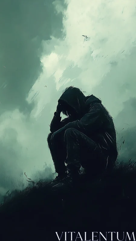 Quiet hooded figure resting beneath a storm-soft sky.