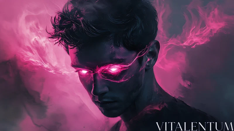 Brooding figure with neon magenta energy eyes ignited.