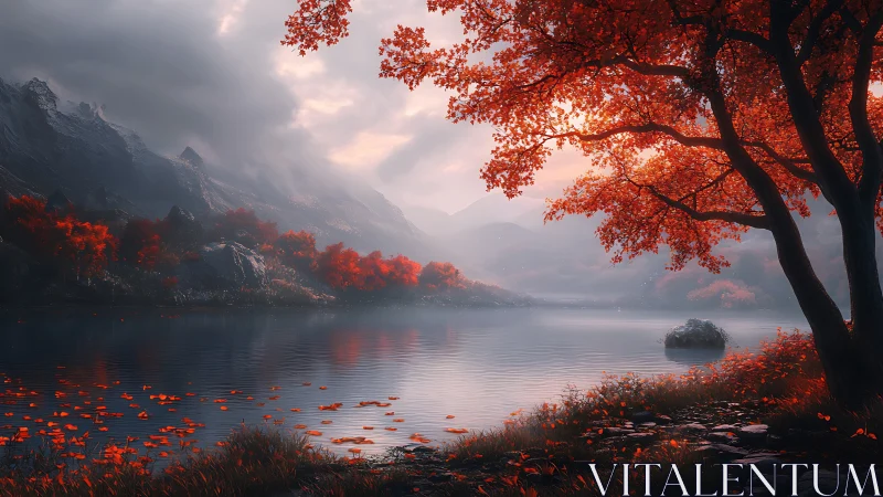 Autumn lake shoreline under volumetric fog and warm backlighting