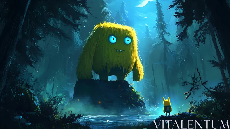 Large yellow creature stands on rock facing small figure